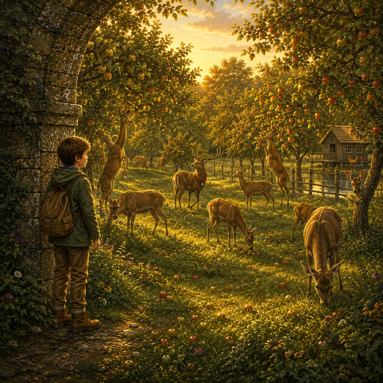 Frankie in the orchard among deer